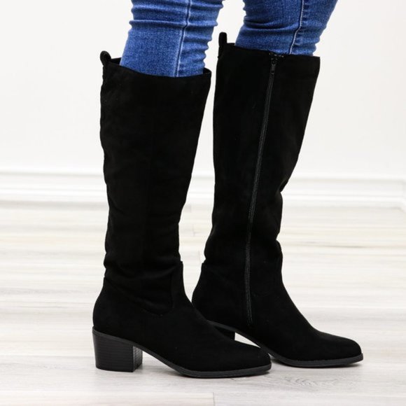 Pointy Toe Below The Knee Black Boots Faux Suede - Picture 5 of 11